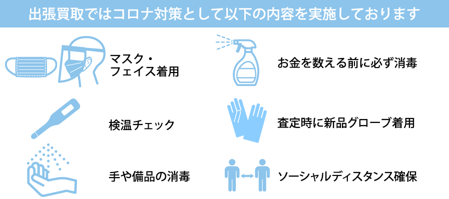 出張買取ではコロナ対策として以下の内容を実施しております